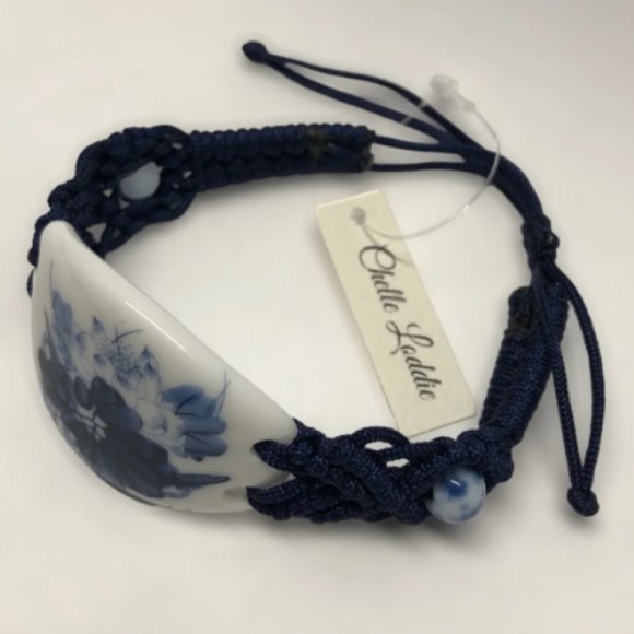 Blue Flower Adjustable Cord Porcelain Bracelet - Picture 2 of 4